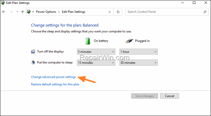 Change advanced power settings