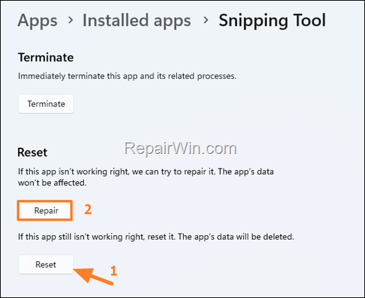 Reset and Repair Snipping Tool