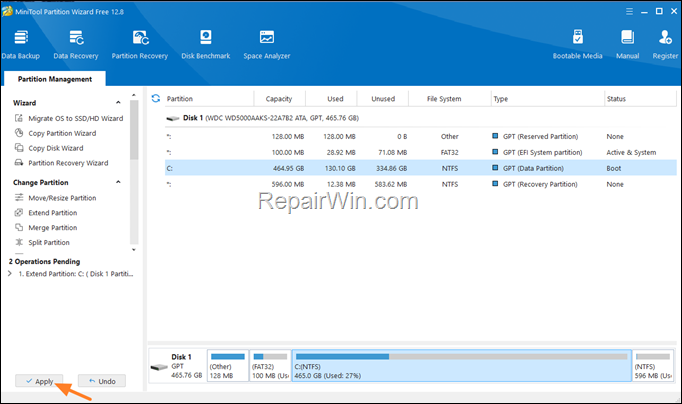 extend parition with unallocated space