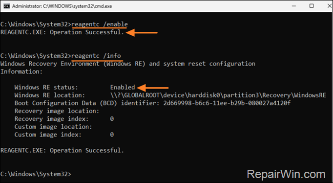 Enable Windows Recovery Environment
