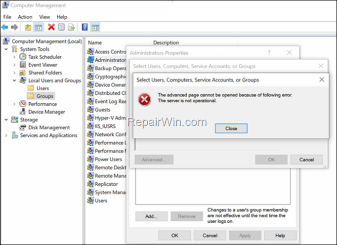 FIX "The advanced page cannot be opened because of following error: The server is not operational