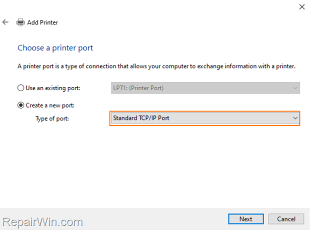 Add Printer TCP/IP port