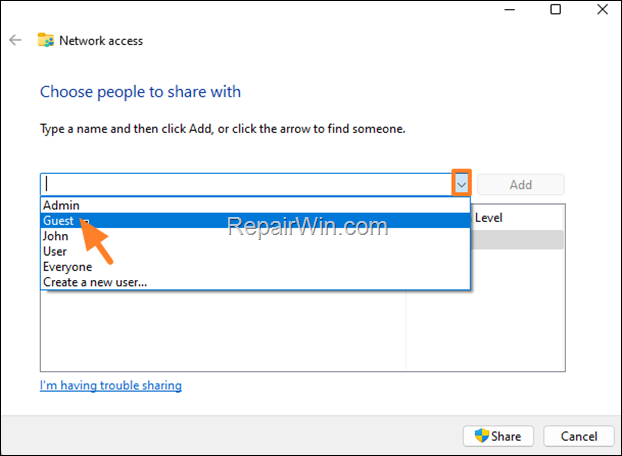 How to share folder without username password