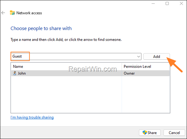How to share folder without password