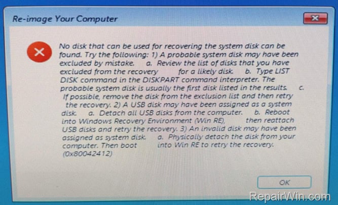 No Disk that can be used for recovering the system disk can be found in System Restore