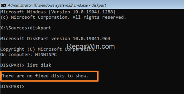 There are no fixed disks to show - DISKPART