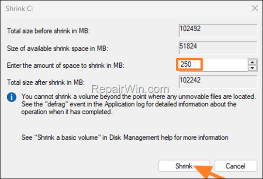 shrink partition
