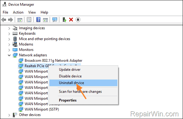Uninstall network adapter