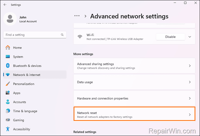 Reset Network Windows 11