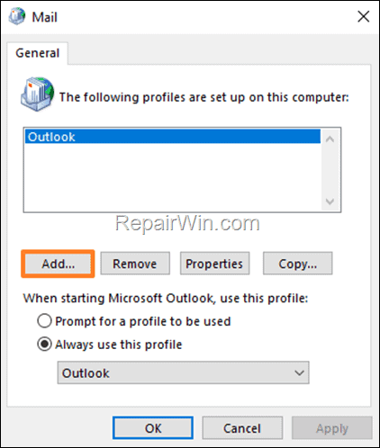 add outlook profile