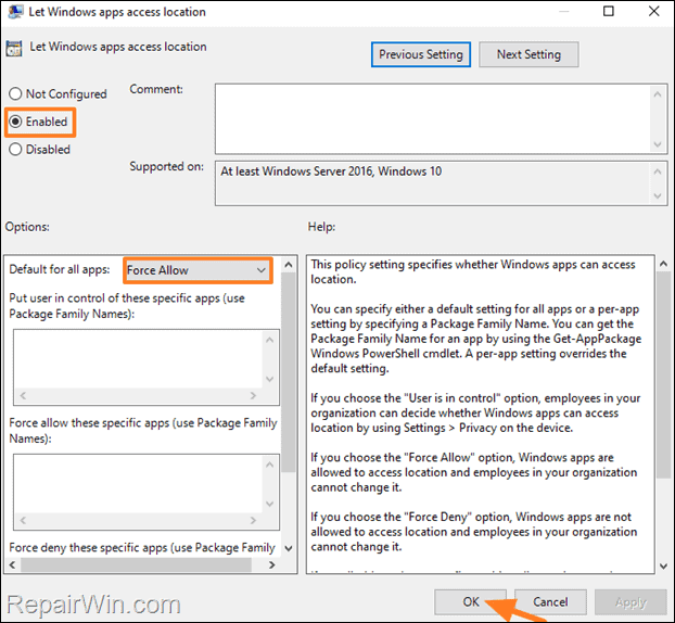 Let Windows apps to access location