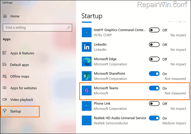 Auto-start Teams from Startup Apps settings