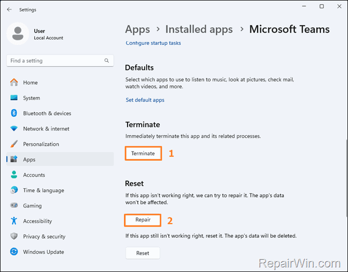 Repair Microsoft Teams