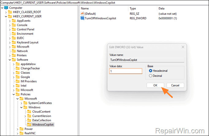 Disable Copilot through Registry Editor