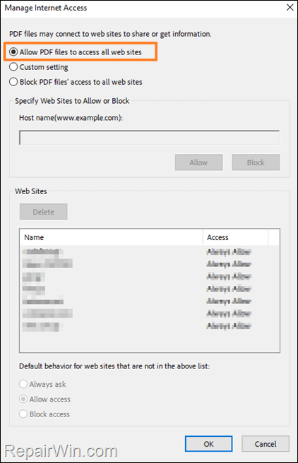 Allow PDF files to access all web sites.