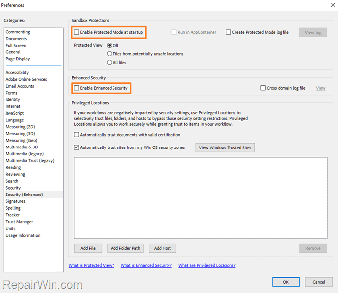 Disable Protected Mode & Enhanced Security.