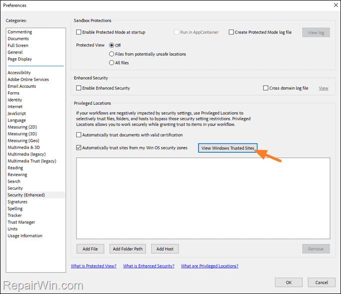 Add URL to Trusted sites - acrobat